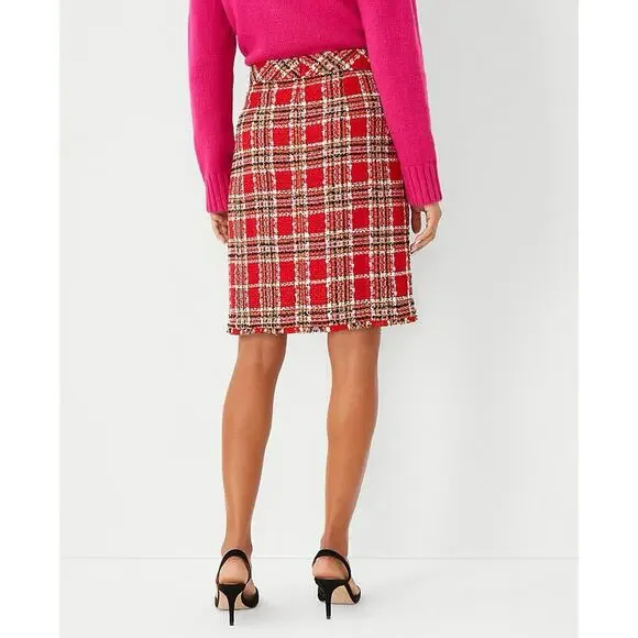 Ann Taylor Plaid Fringe Tweed Skirt Classic Red 578511 Sz 4 Top Of Knee NWOT - Picture 15 of 16